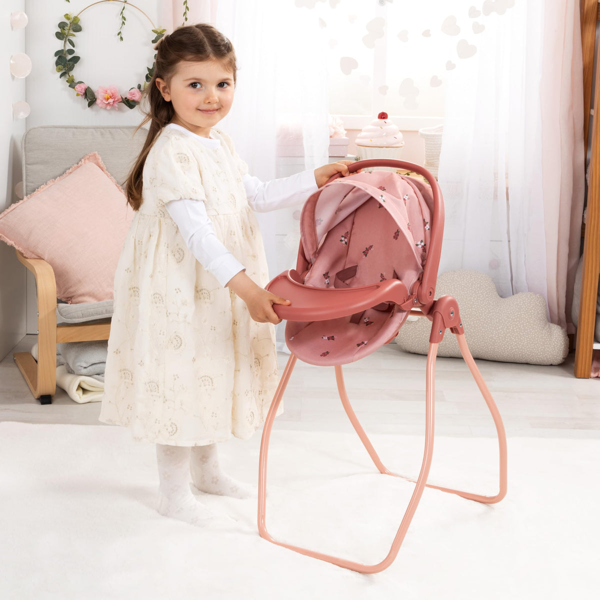 Pink Convertible Doll Highchair Swing Bed Car Seat X89234