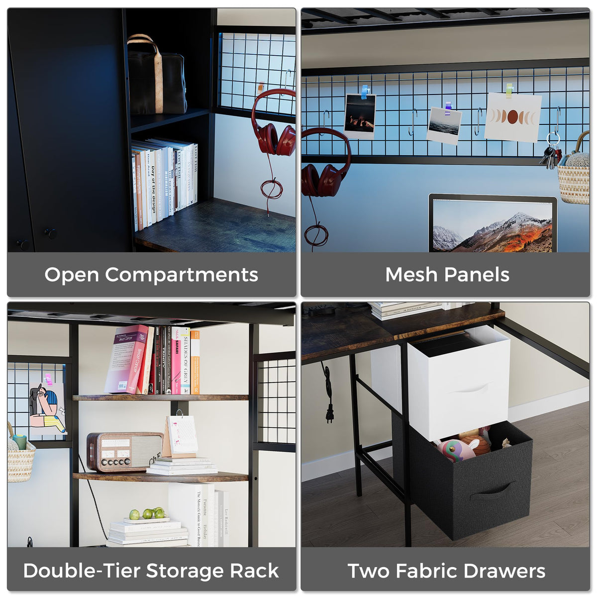Twin Size Metal Loft Bed with Desk, Stairs, LED Light, Headboard, Guardrail, Charging Station, Closet and Fabric Drawers, Black & Burnt Wood T81346