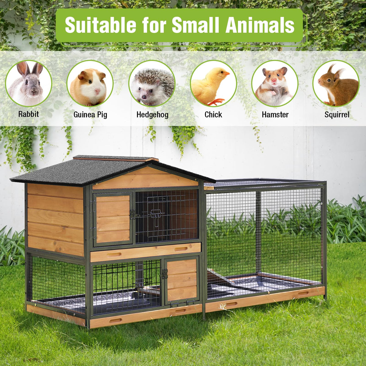 Wooden Rabbit Hutch with Wheels and Pull-Out Tray W517735