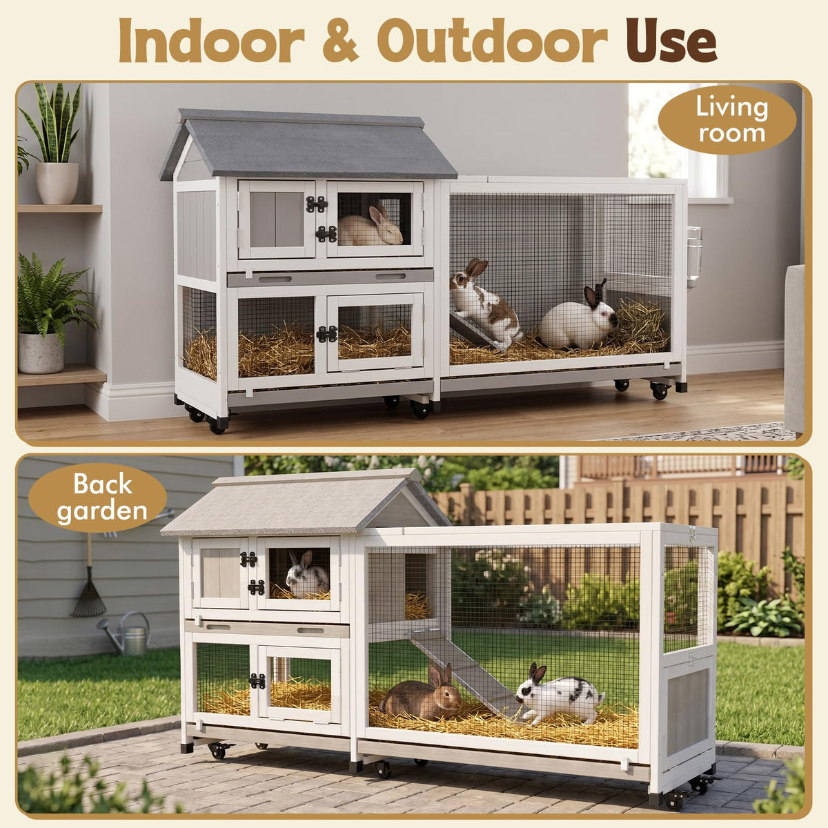 2-Story Wooden Rabbit Hutch with 3 Removable Trays F400273