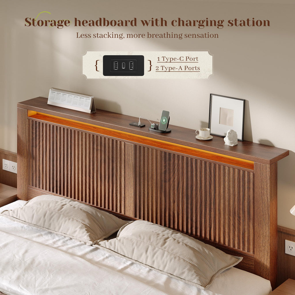 King Bed Frame with 2 Drawers and Storage Headboard E5371