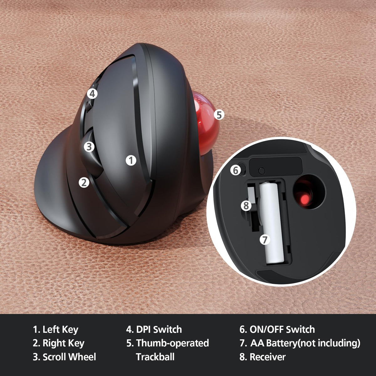 Wireless Ergonomic Trackball Mouse, 3 Adjustable DPI, Black V131