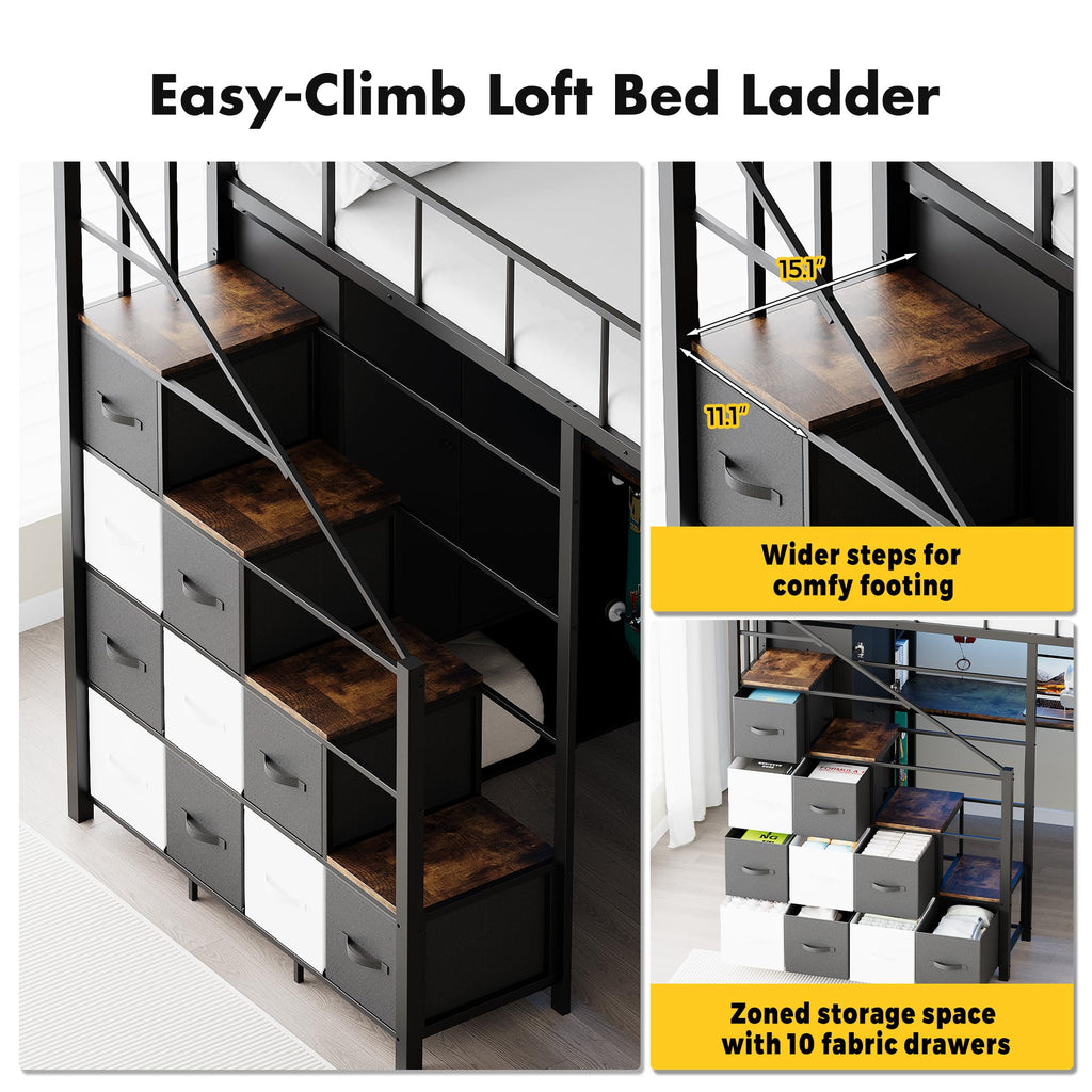 Twin Size Metal Loft Bed with Desk, Stairs, LED Light, Headboard, Guardrail, Charging Station, Closet and Fabric Drawers, Black & Burnt Wood T81346