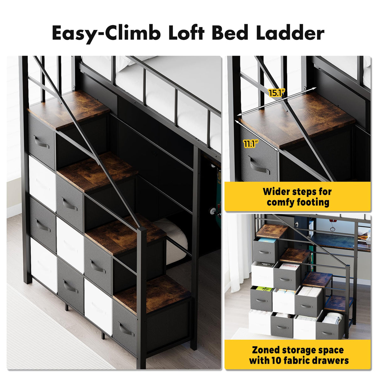 Twin Size Metal Loft Bed with Desk, Stairs, LED Light, Headboard, Guardrail, Charging Station, Closet and Fabric Drawers, Black & Burnt Wood T81346