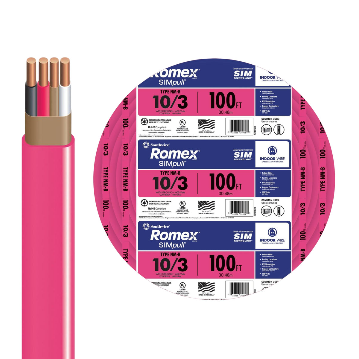 10 Gauge 3 Conductor Electrical Wire, 100Ft E89202