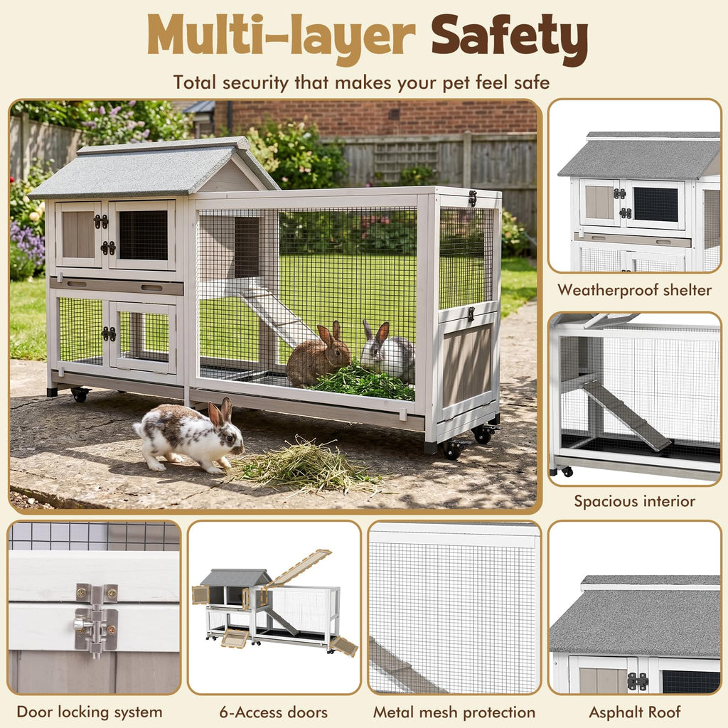 2-Story Wooden Rabbit Hutch with 3 Removable Trays F400273