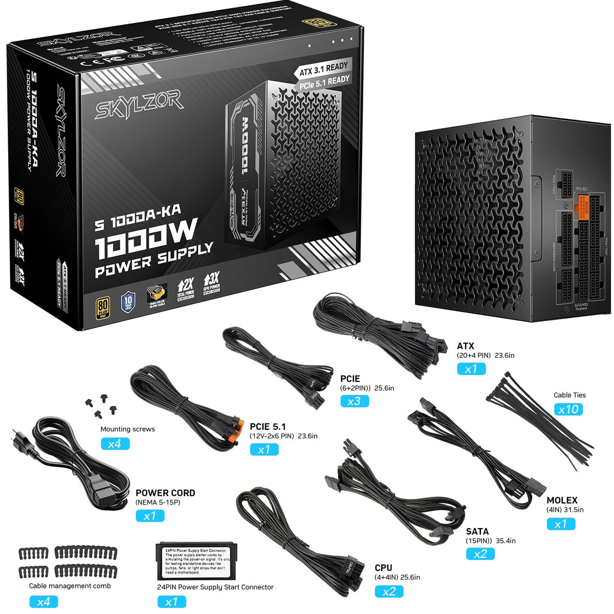 1000W Fully Modular 80+ Gold Certified ATX 3.1 Power Supply I10475