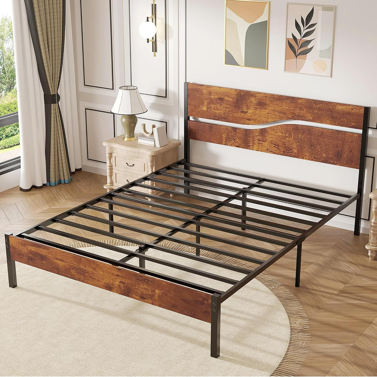 Full Size Metal Platform Bed with Wooden Headboard and Footboard W744088