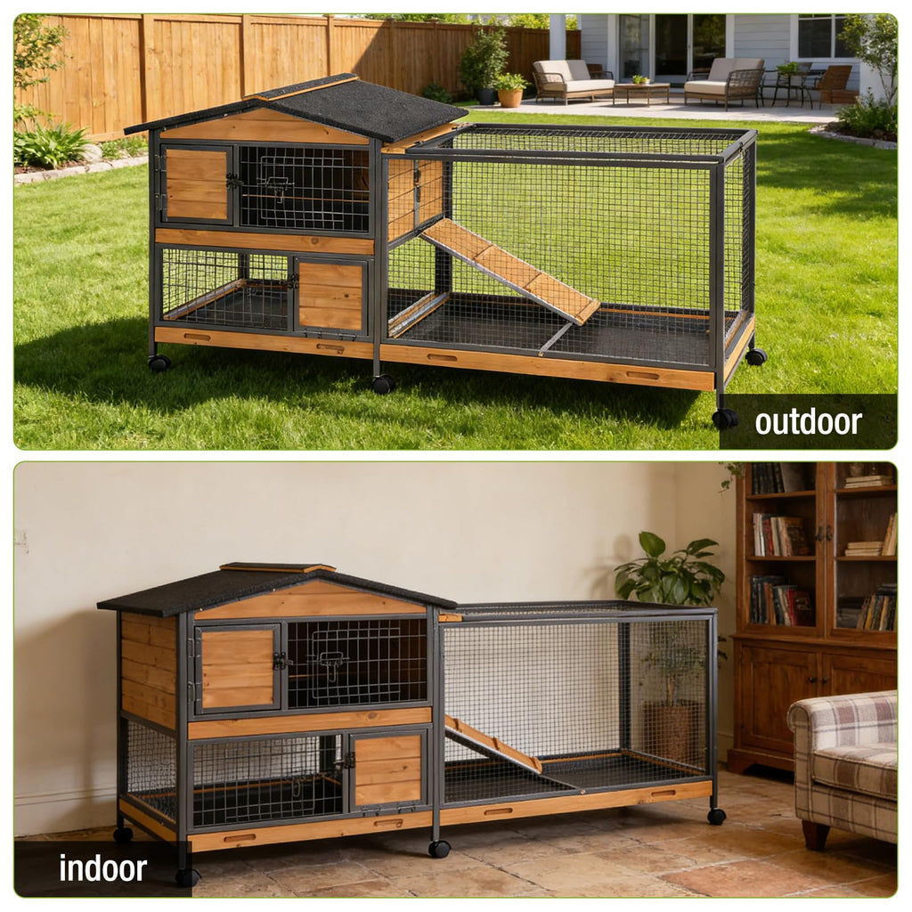 Wooden Rabbit Hutch with Wheels and Pull-Out Tray W517735
