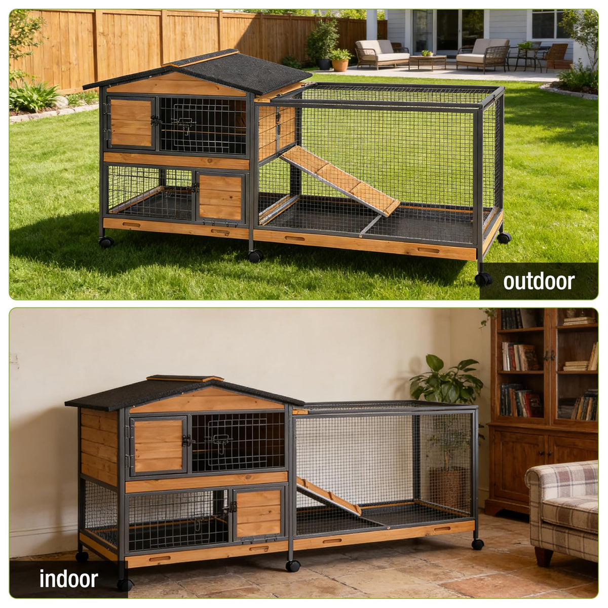 Wooden Rabbit Hutch with Wheels and Pull-Out Tray W517735