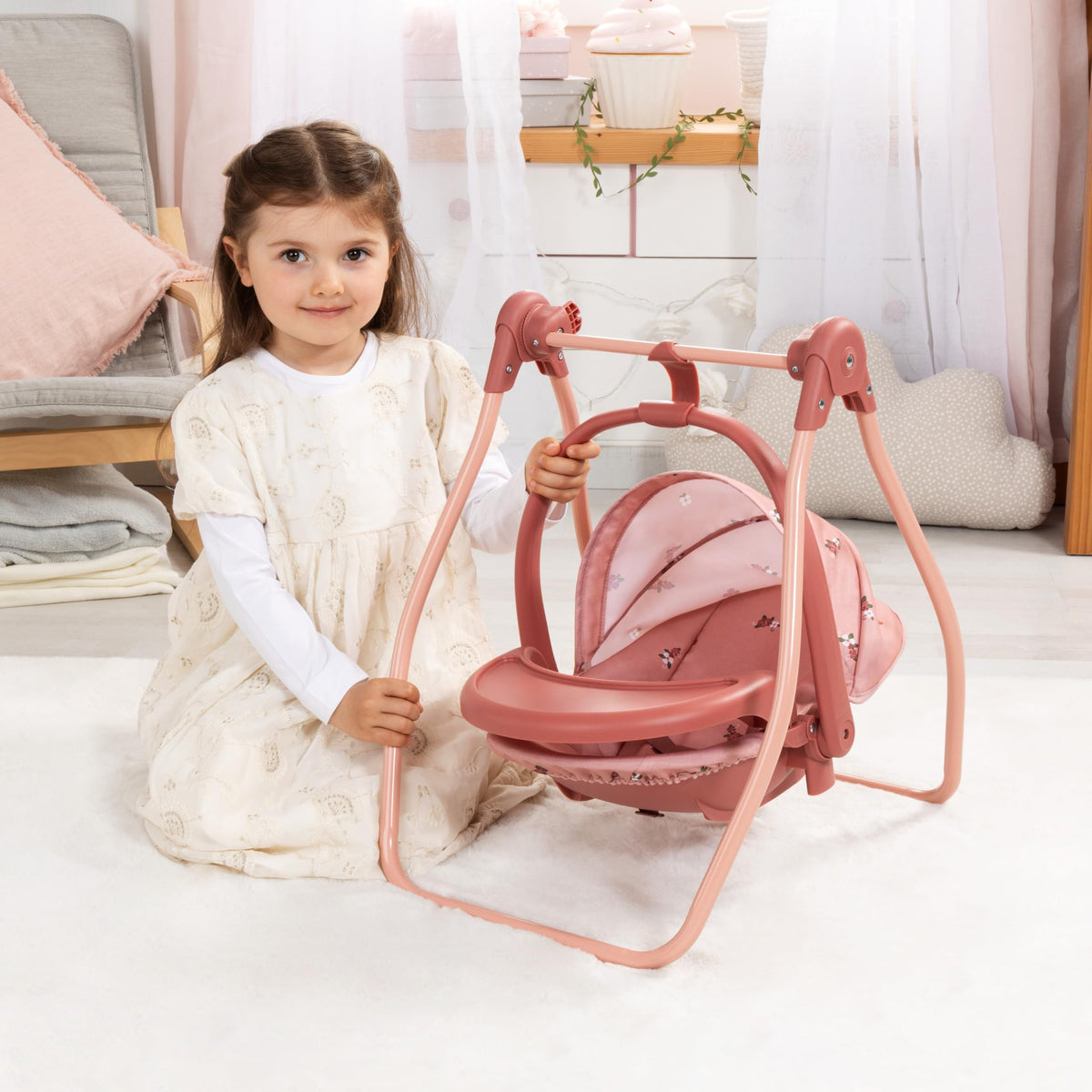 Pink Convertible Doll Highchair Swing Bed Car Seat X89234