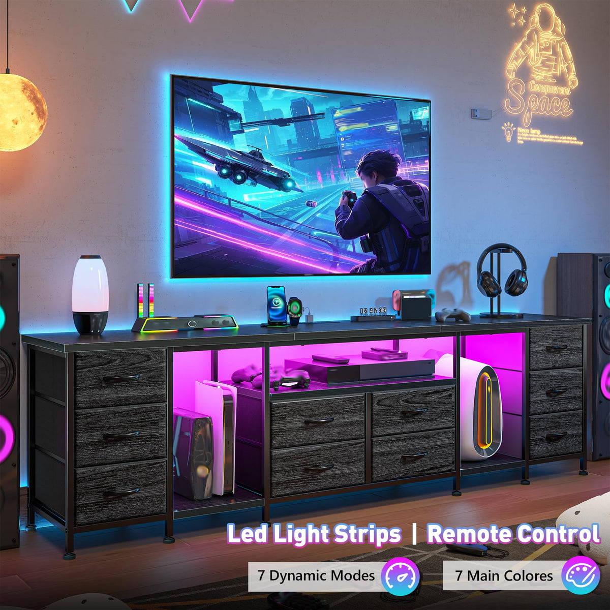 75.5" Long TV Stand with LED, Power Outlets & 10 Drawers G276