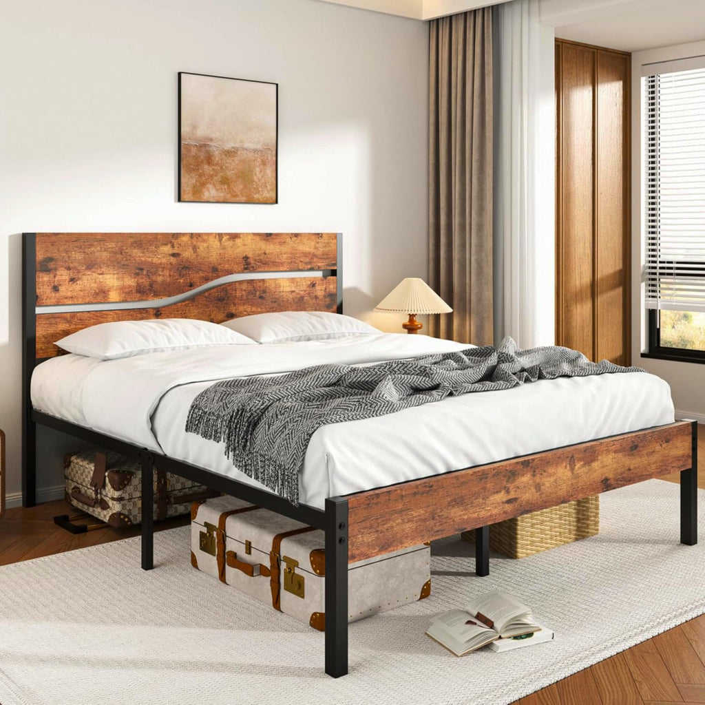 Full Size Metal Platform Bed with Wooden Headboard and Footboard W744088