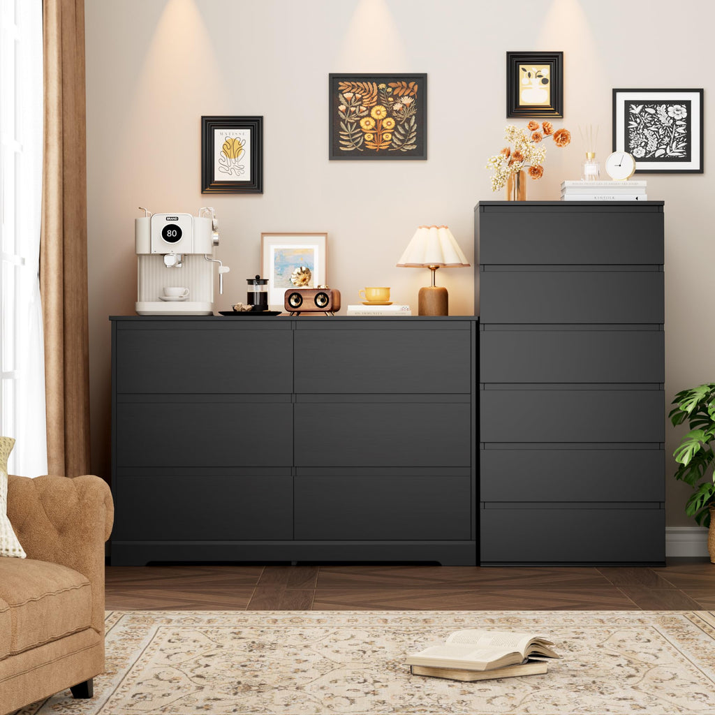Black 6 Drawer Double Dresser L3447