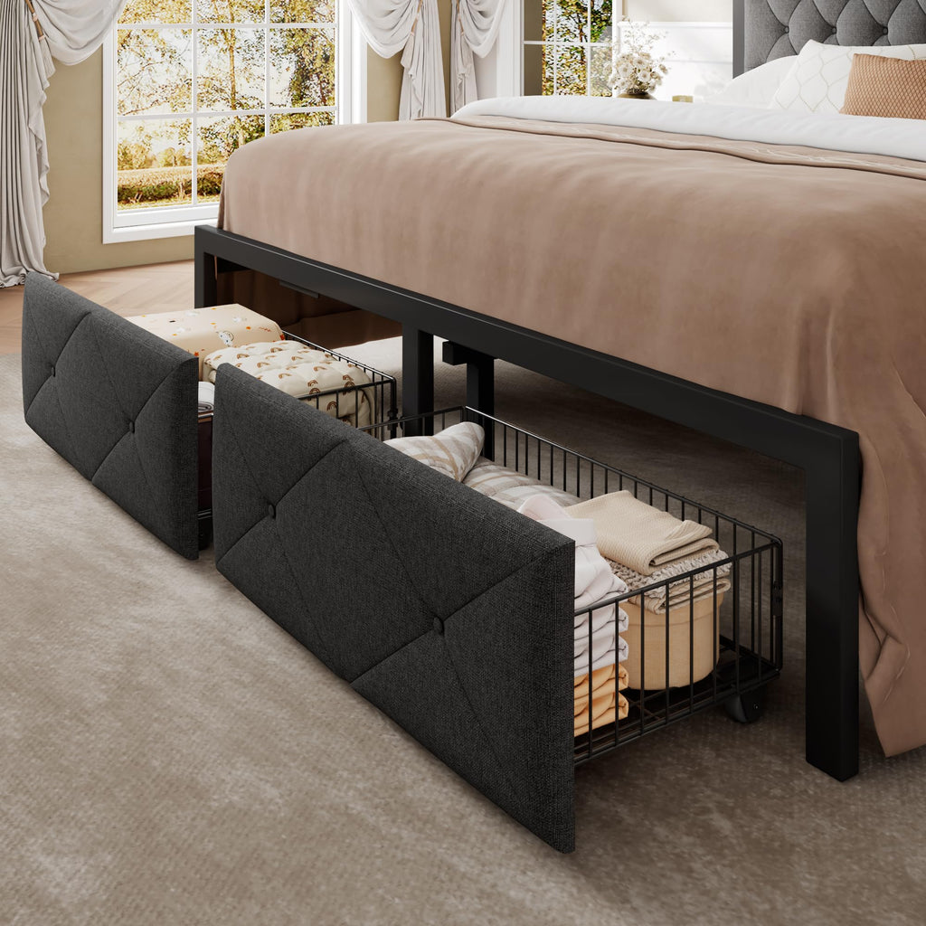 King Size Metal Platform Bed Frame with 2 Storage Drawers Q936