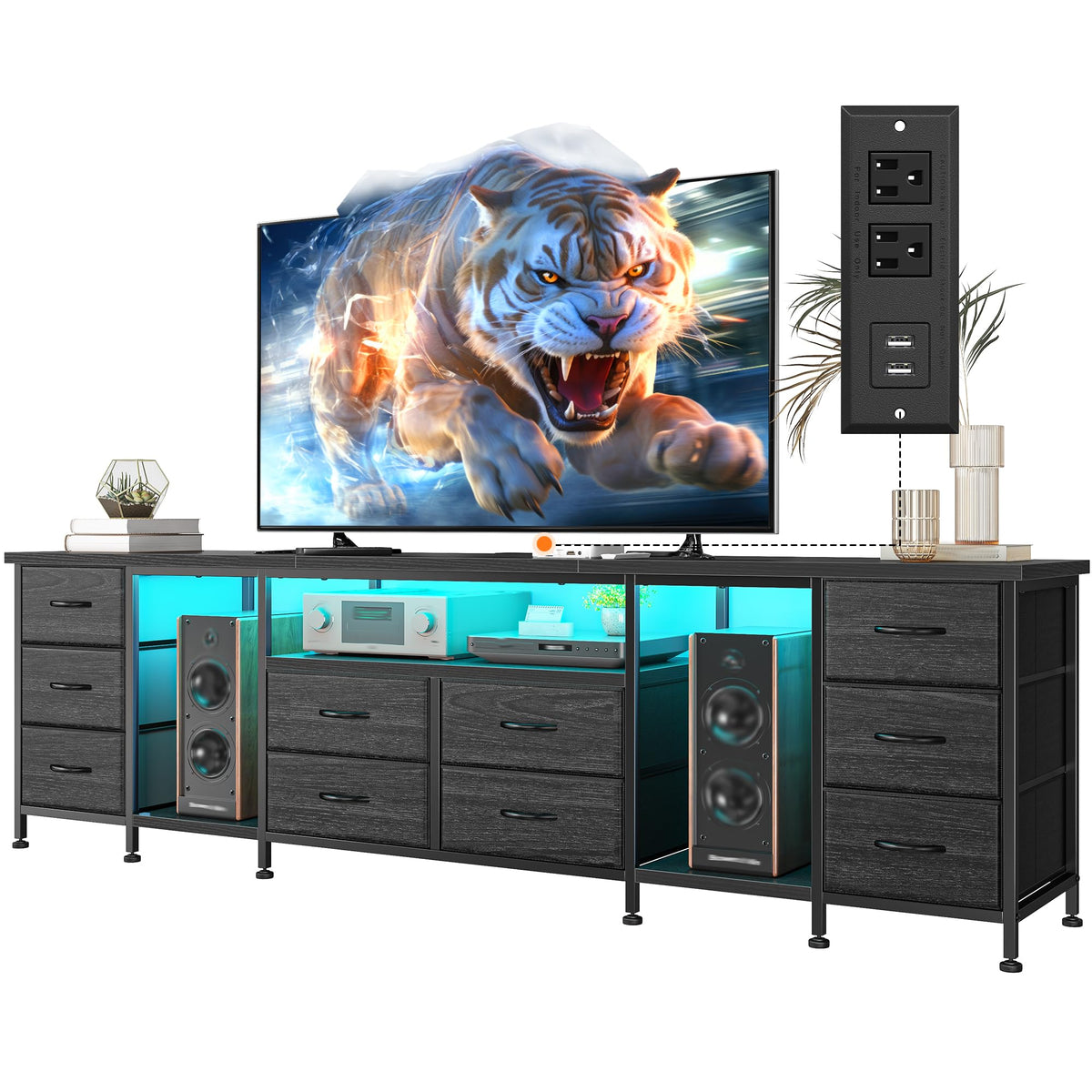 75.5" Long TV Stand with LED, Power Outlets & 10 Drawers G276