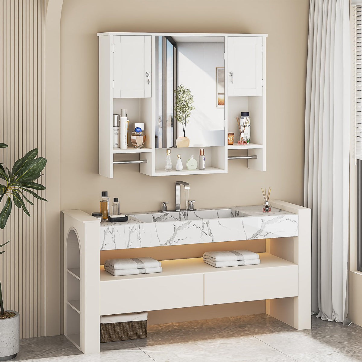 Large White Wall Mounted Bathroom Cabinet with Mirror D734089