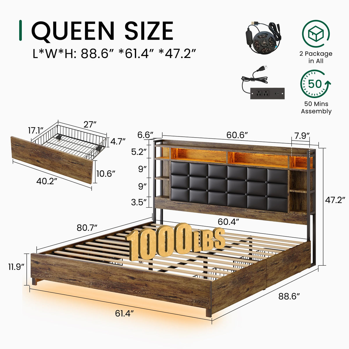Queen Size Wooden Bed Frame with Storage Drawers Z128480
