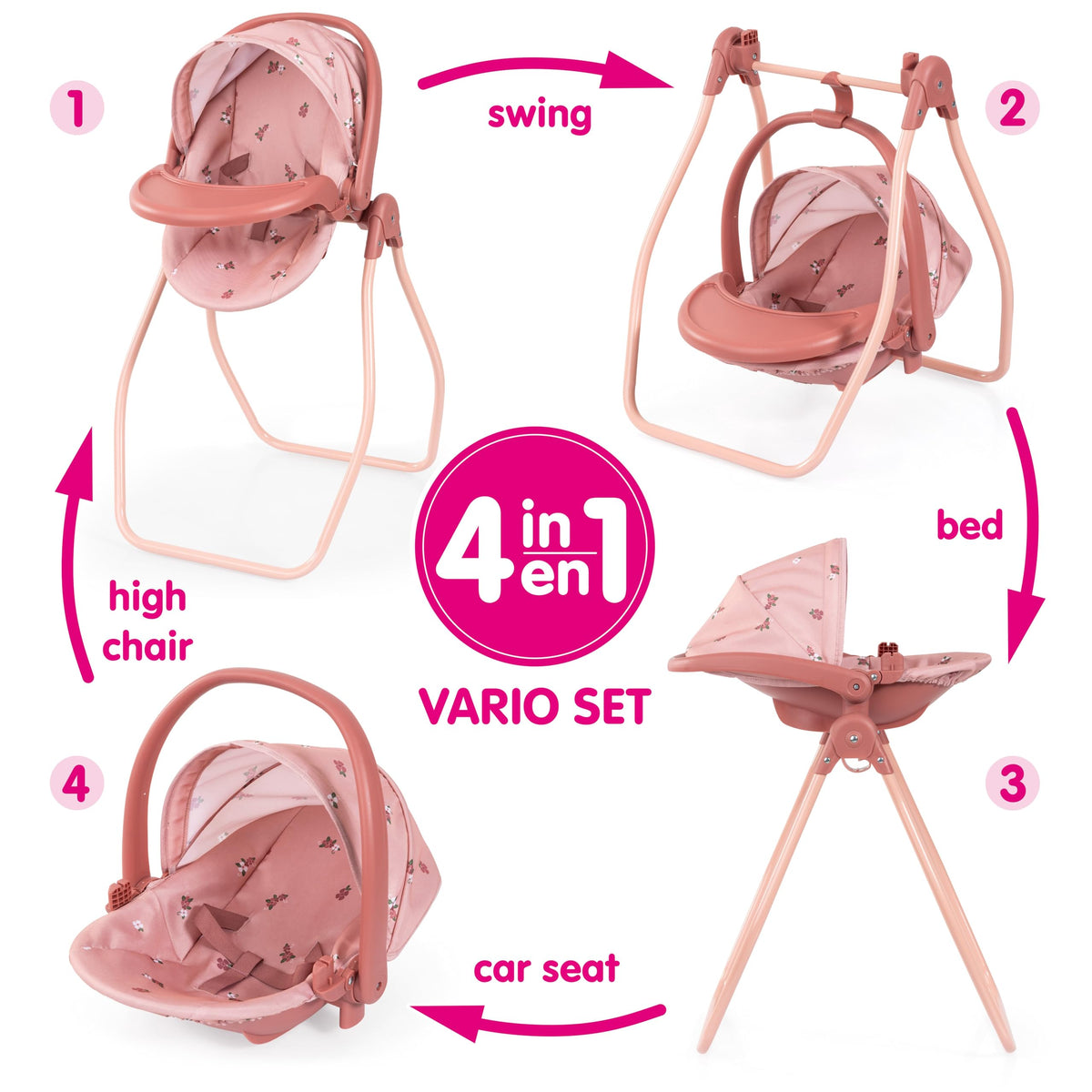 Pink Convertible Doll Highchair Swing Bed Car Seat X89234