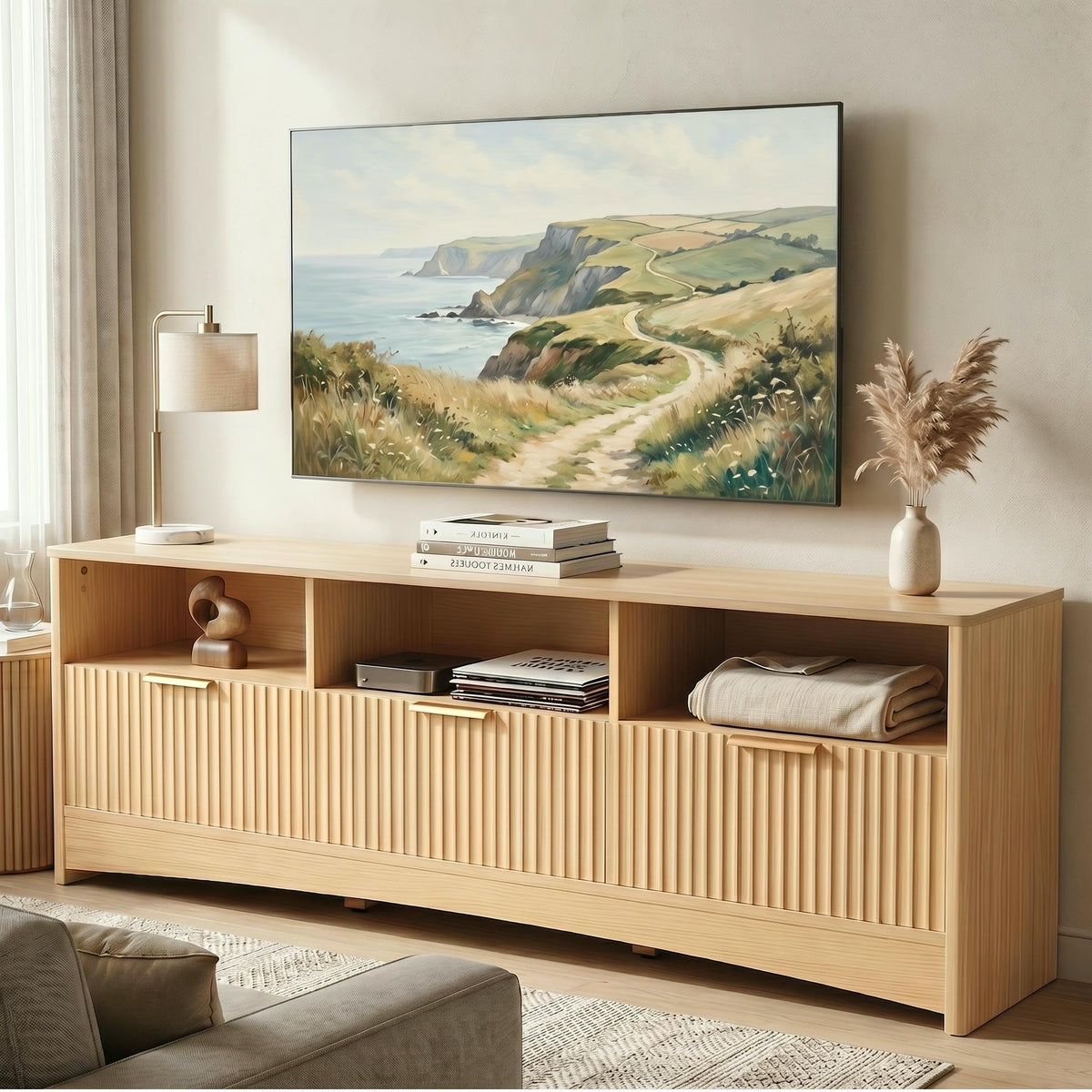 Oak Fluted TV Stand for 65 inch TV with Drawers X9194