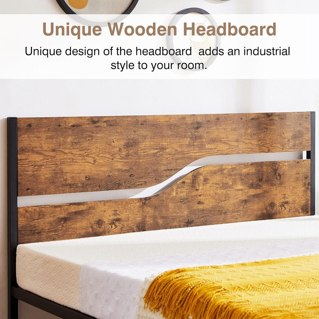 Full Size Metal Platform Bed with Wooden Headboard and Footboard W744088