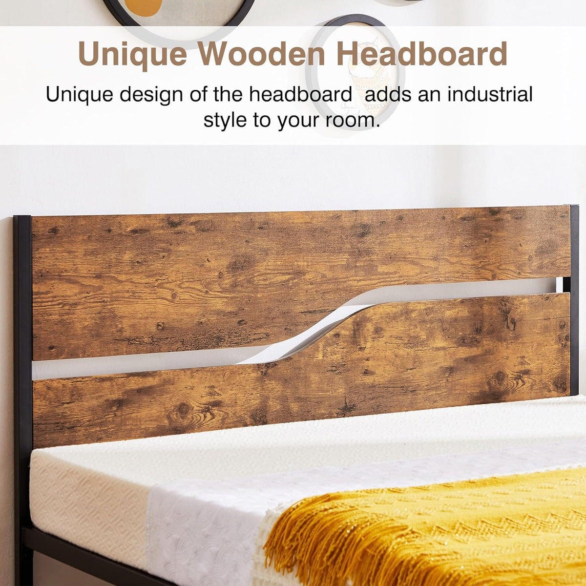 Full Size Metal Platform Bed with Wooden Headboard and Footboard W744088