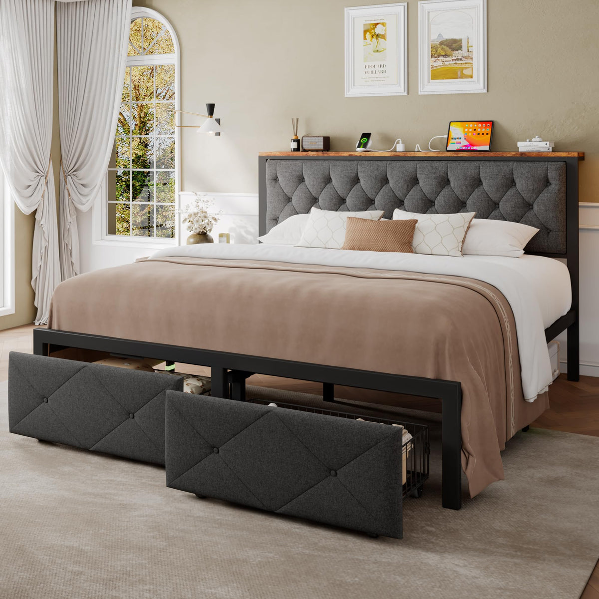 King Size Metal Platform Bed Frame with 2 Storage Drawers Q936