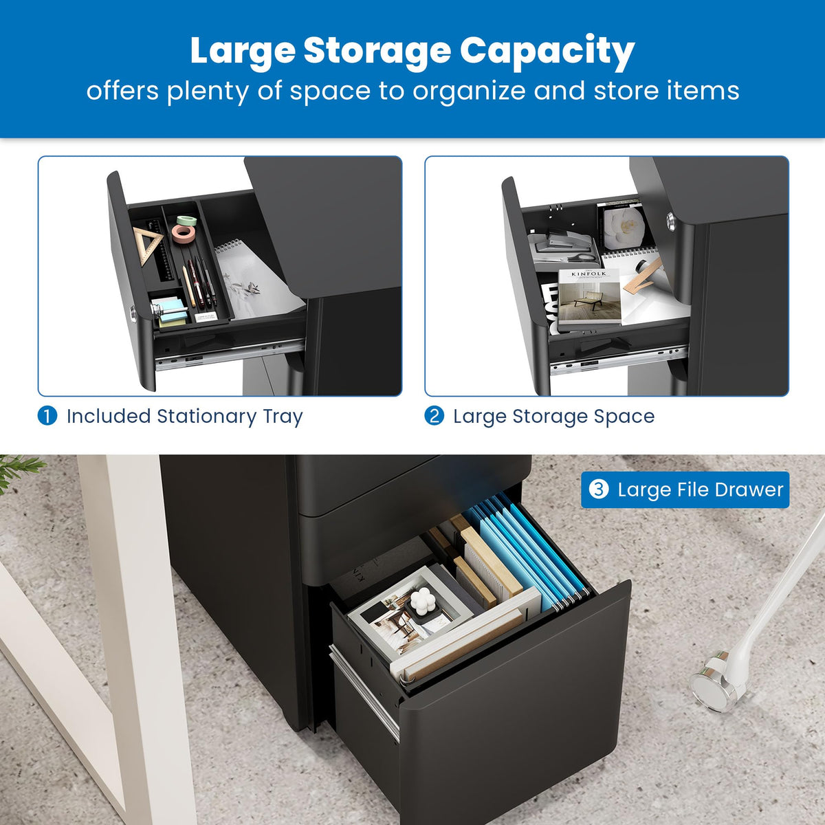 Black 3 Drawer Rolling File Cabinet with Lock M14393