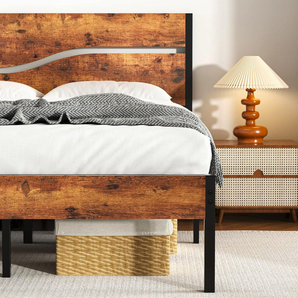 Full Size Metal Platform Bed with Wooden Headboard and Footboard W744088