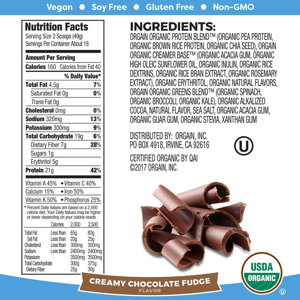 Organic Vegan Protein Powder + Greens, Creamy Chocolate Fudge, Vanilla Bean A5058