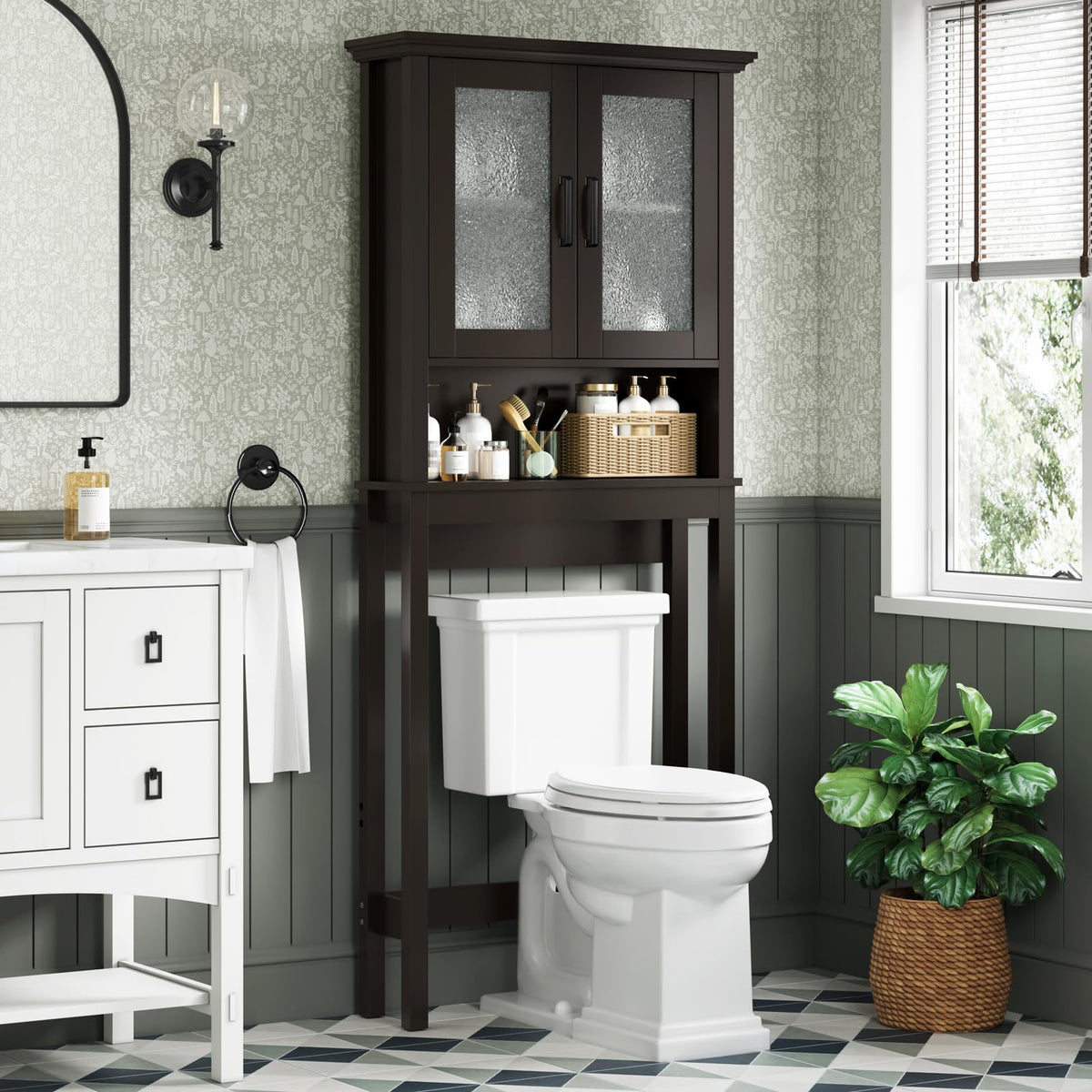 Over Toilet Storage Cabinet with Glass Doors and Adjustable Shelf M37783