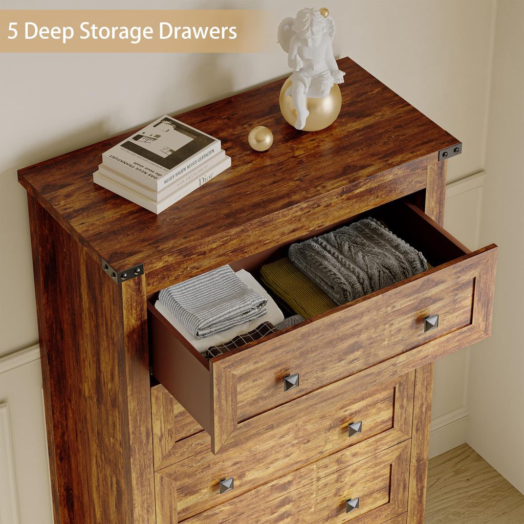 Brown Tall 5 Drawer Wood Dresser with Metal Handles S46934