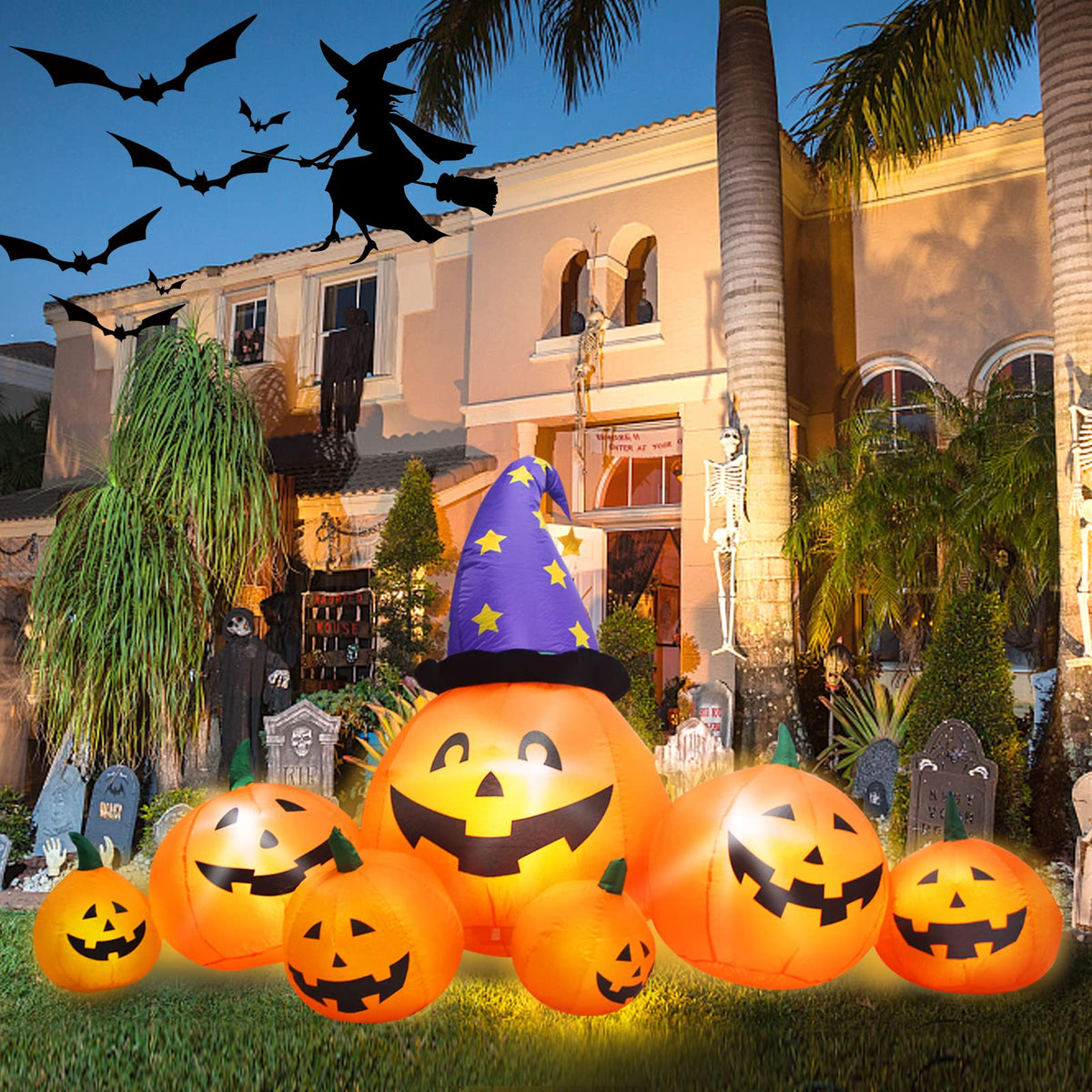 8 FT Inflatable Pumpkins and Witch Hat with Built-in LED Lights C5855