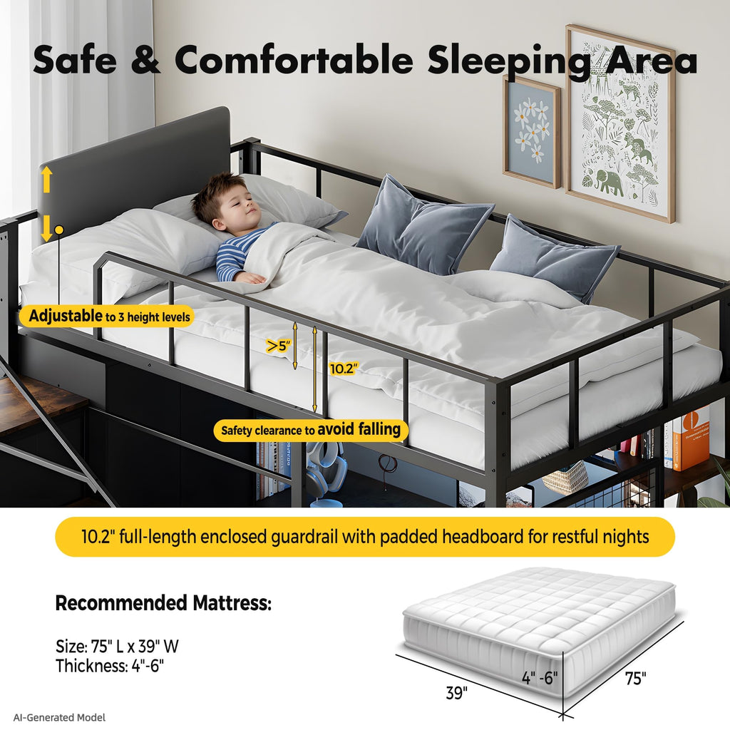 Twin Size Metal Loft Bed with Desk, Stairs, LED Light, Headboard, Guardrail, Charging Station, Closet and Fabric Drawers, Black & Burnt Wood T81346