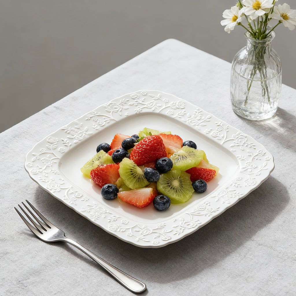 Ceramic Square Dinner Plates Set of 4, 10 & 12 Inch Embossed Salad Plates C517