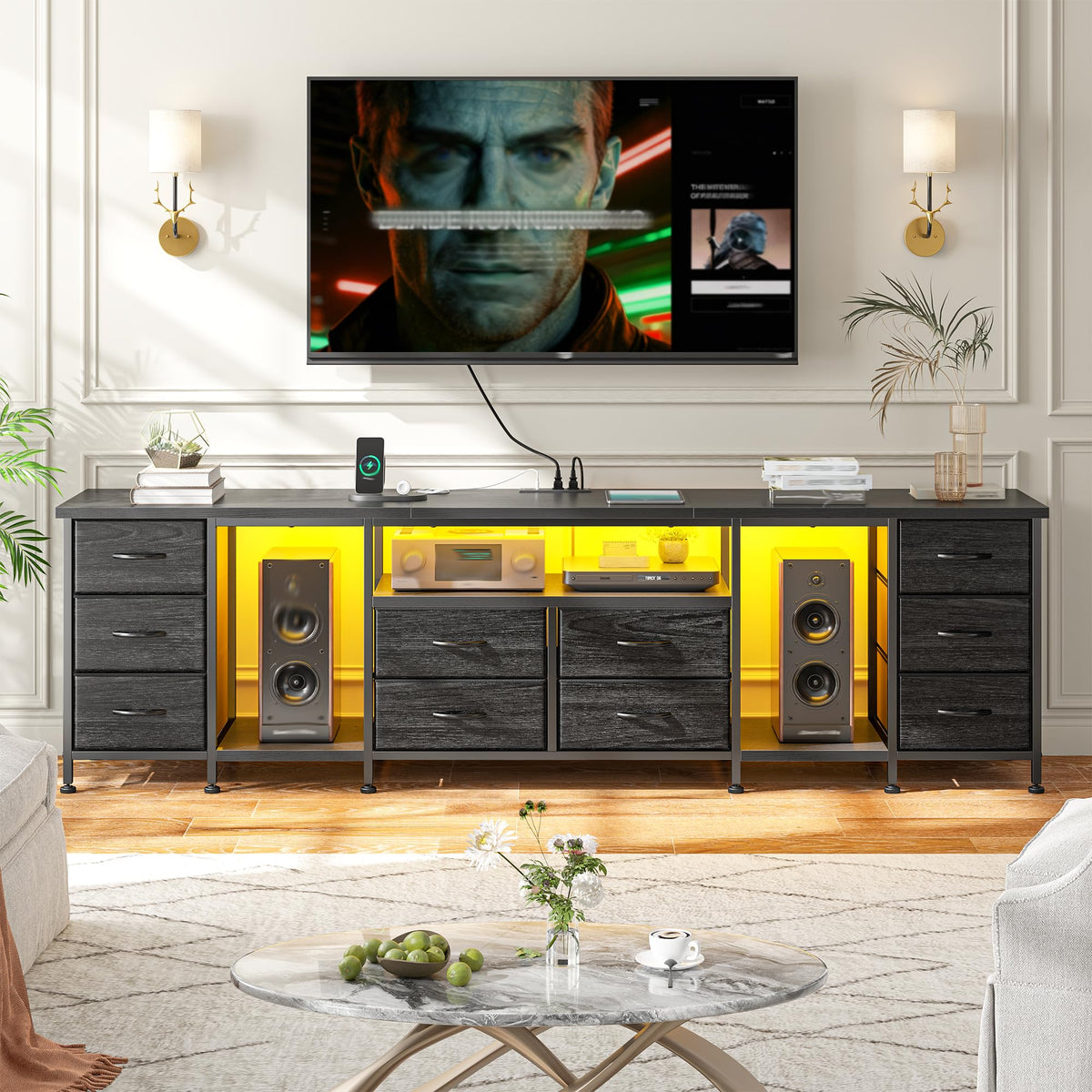 75.5" Long TV Stand with LED, Power Outlets & 10 Drawers G276