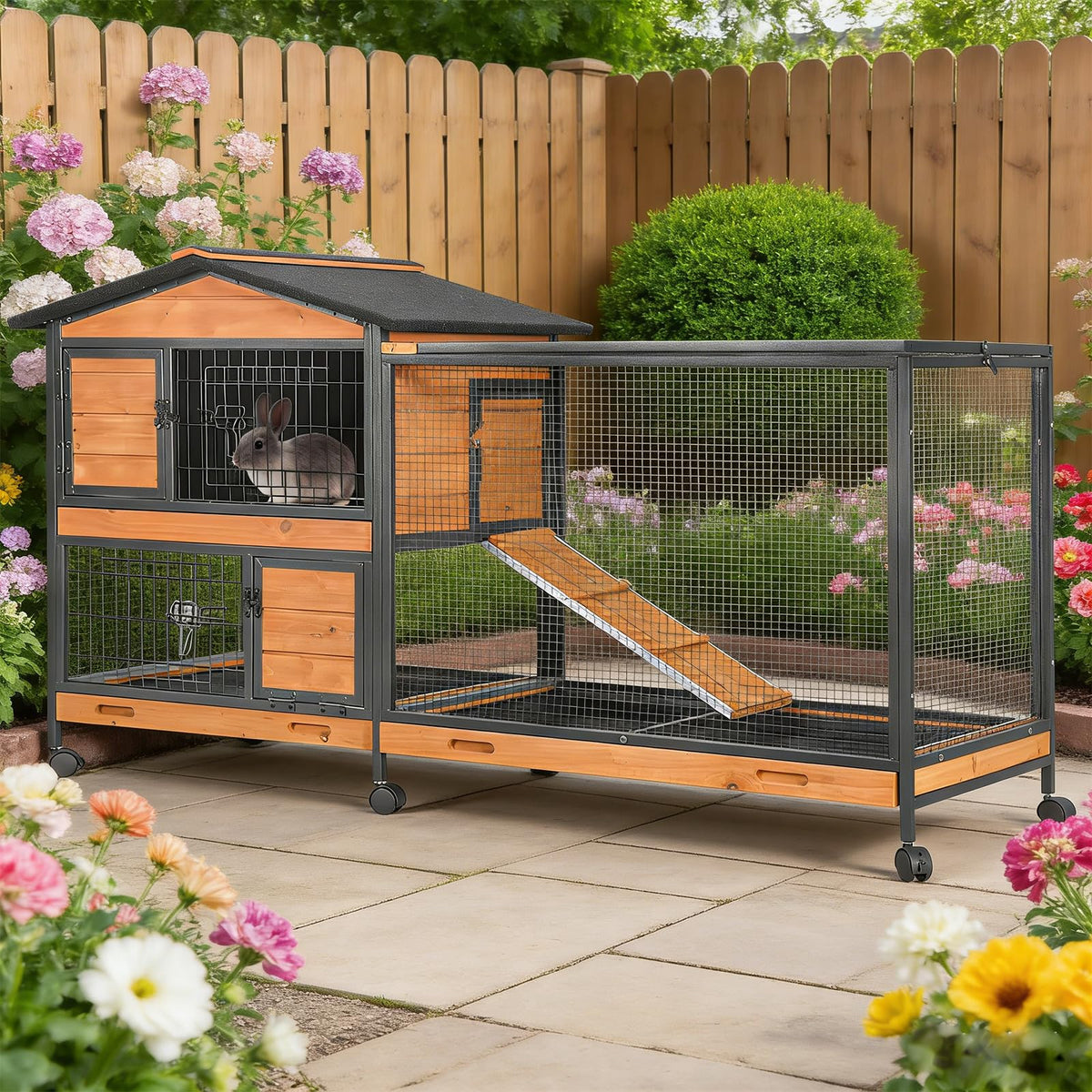 Wooden Rabbit Hutch with Wheels and Pull-Out Tray W517735