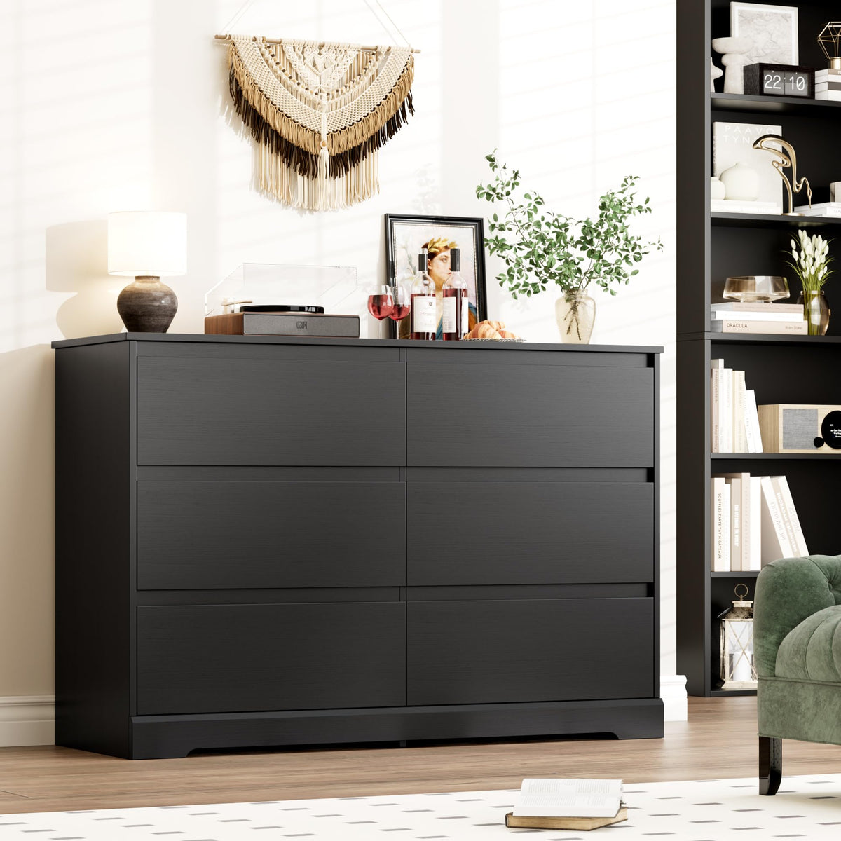 Black 6 Drawer Double Dresser L3447