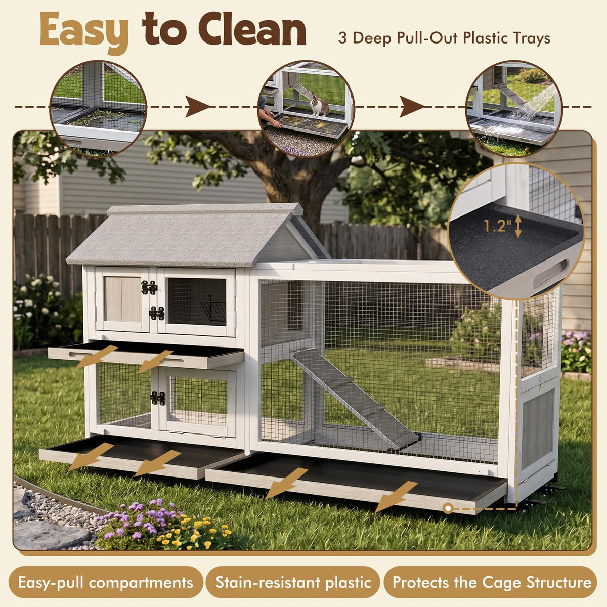 2-Story Wooden Rabbit Hutch with 3 Removable Trays F400273