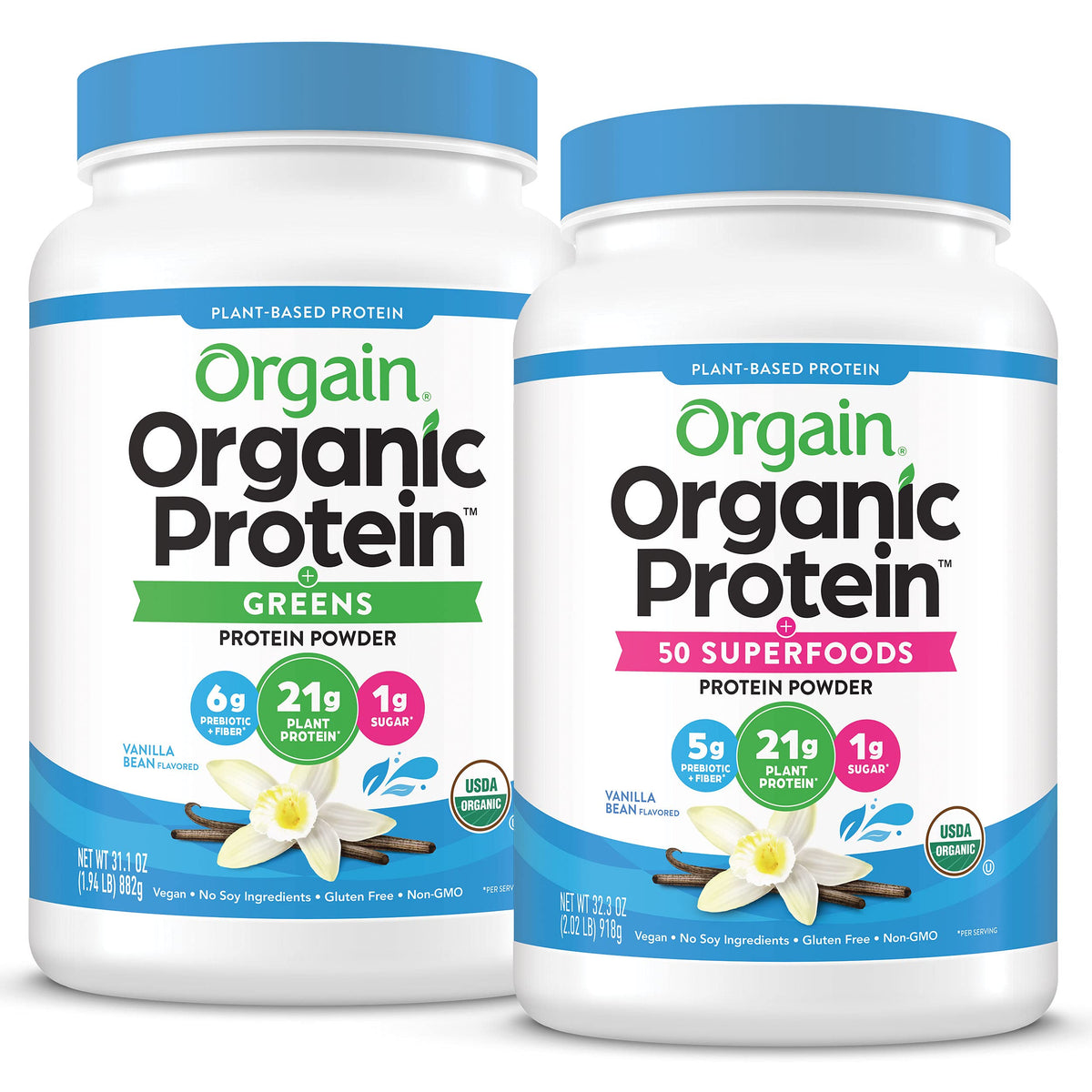 Organic Vegan Protein Powder + Greens, Creamy Chocolate Fudge, Vanilla Bean A5058