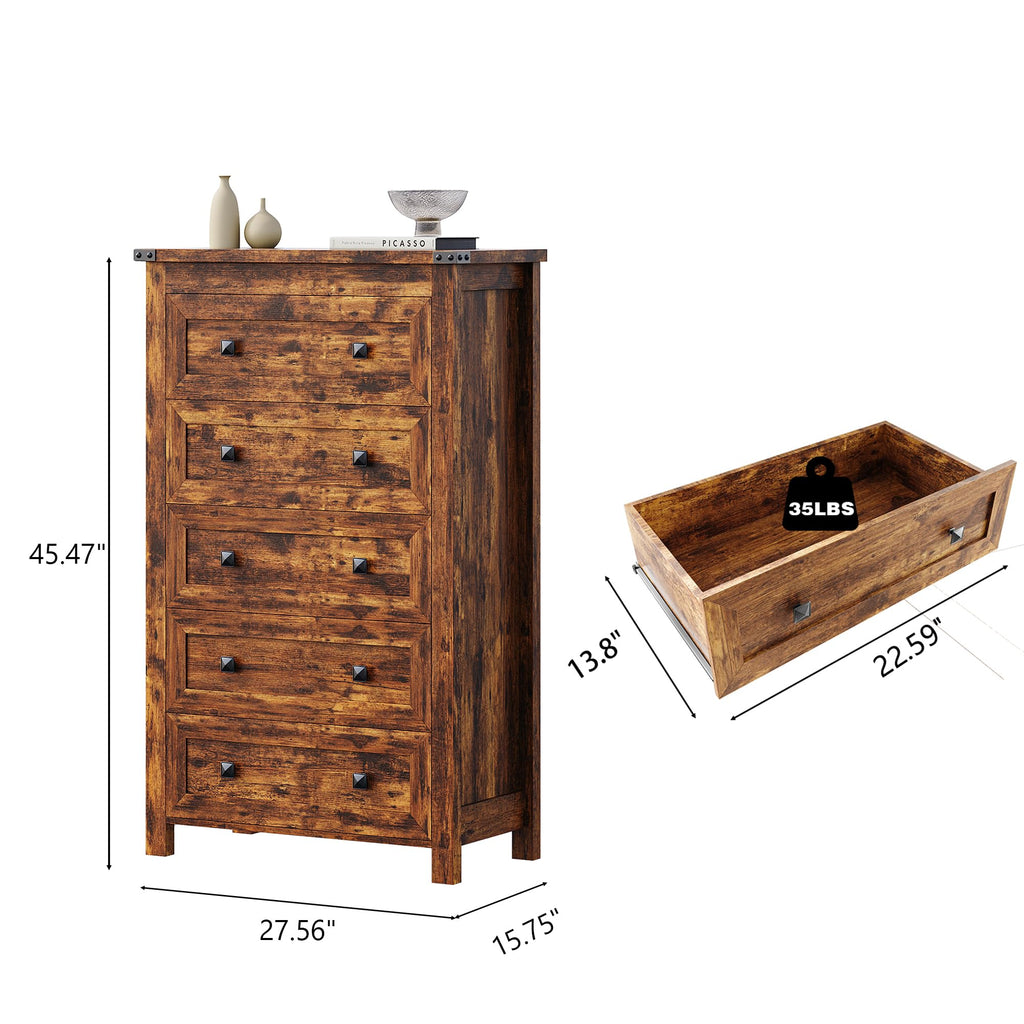 Brown Tall 5 Drawer Wood Dresser with Metal Handles S46934