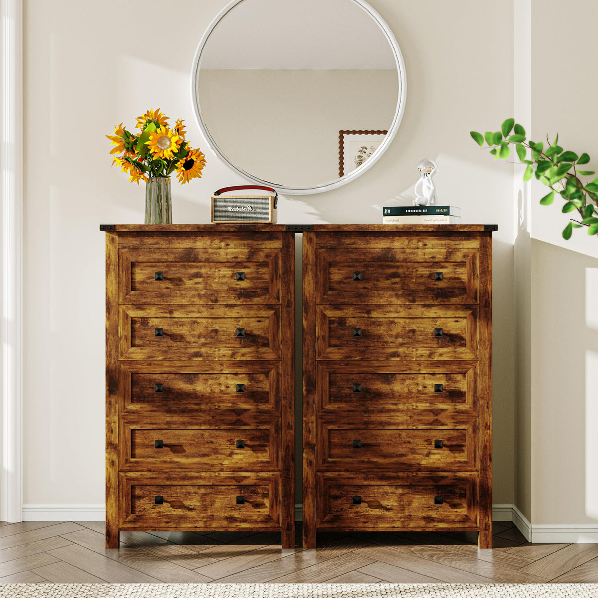 Brown Tall 5 Drawer Wood Dresser with Metal Handles S46934