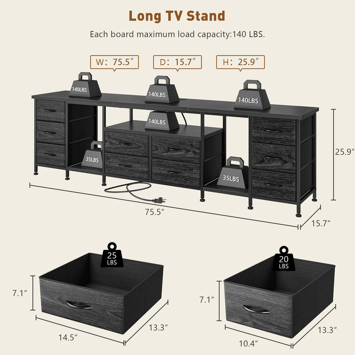75.5" Long TV Stand with LED, Power Outlets & 10 Drawers G276