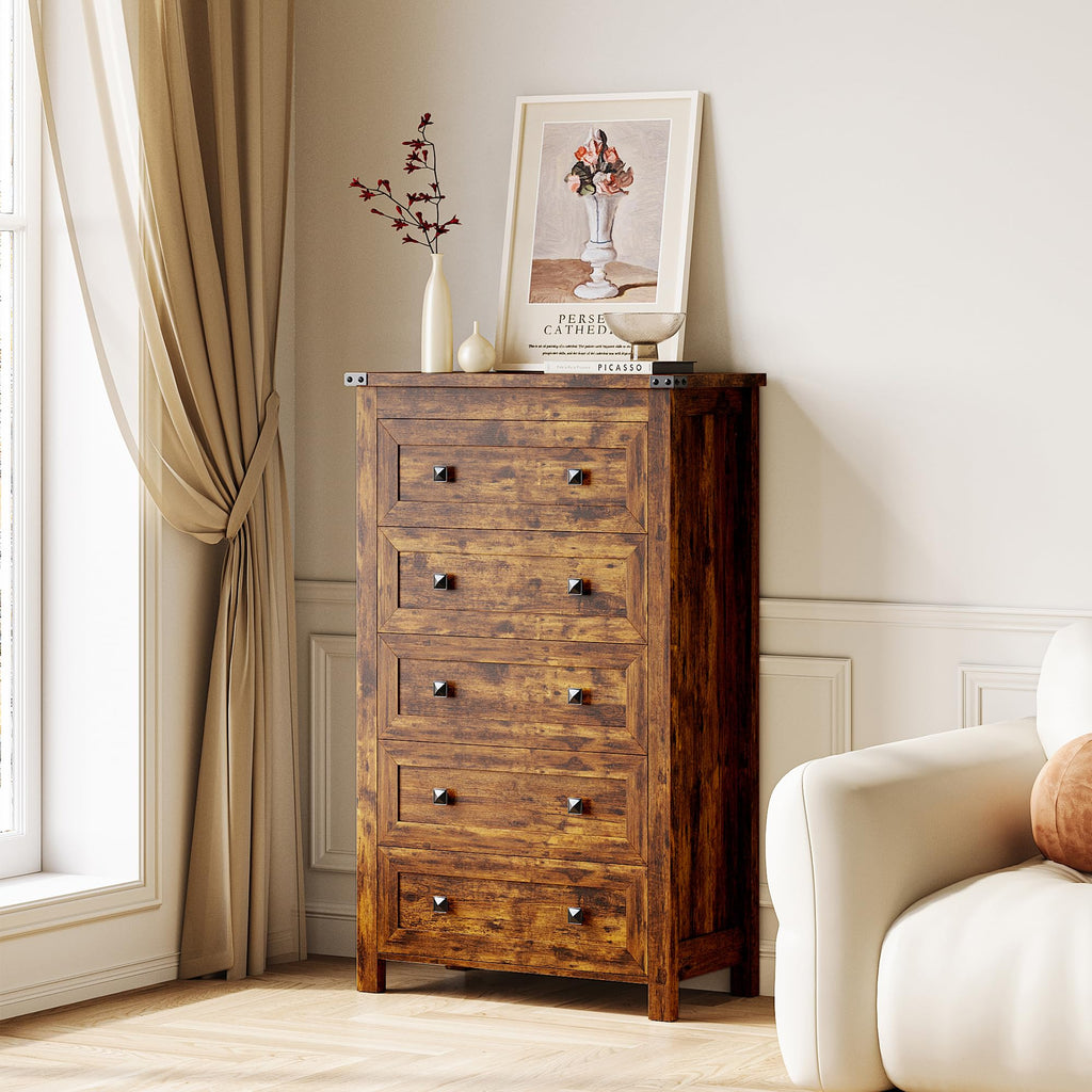 Brown Tall 5 Drawer Wood Dresser with Metal Handles S46934