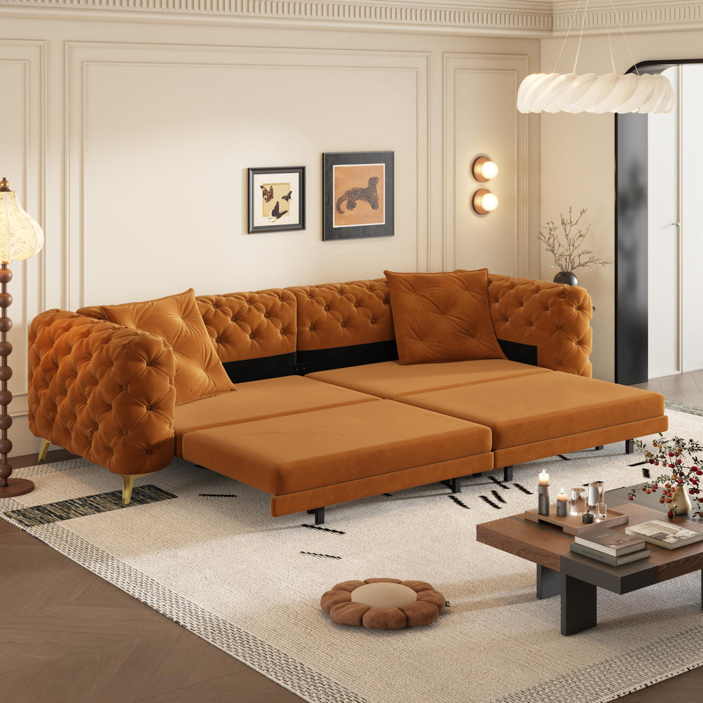 Orange Velvet 4-Seater Convertible Sleeper Sofa with Ottoman Z96488