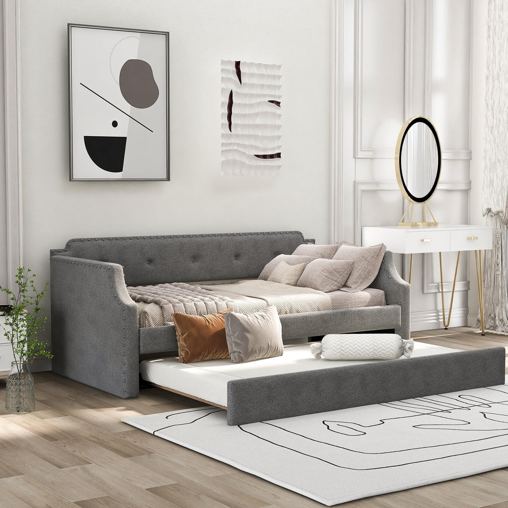 Gray Linen Upholstered Twin Daybed with Trundle C3411