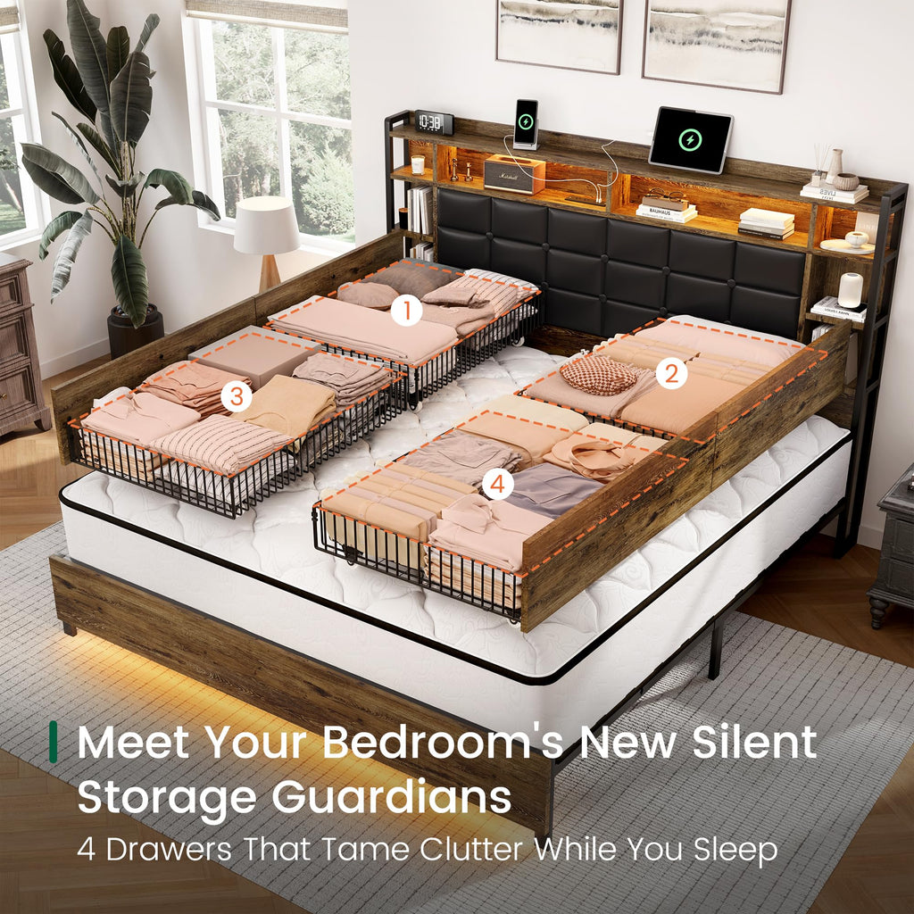 Queen Size Wooden Bed Frame with Storage Drawers Z128480