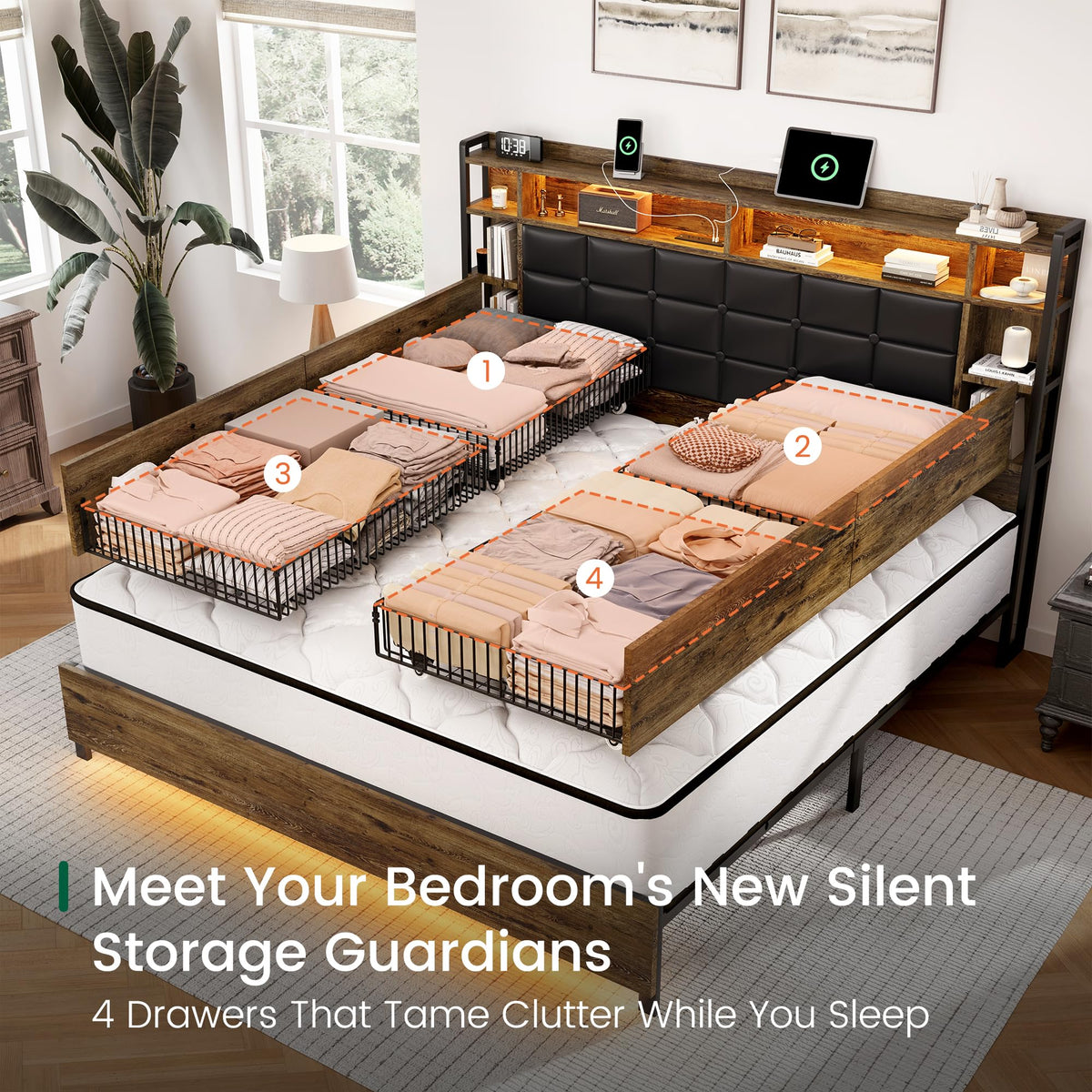 Queen Size Wooden Bed Frame with Storage Drawers Z128480