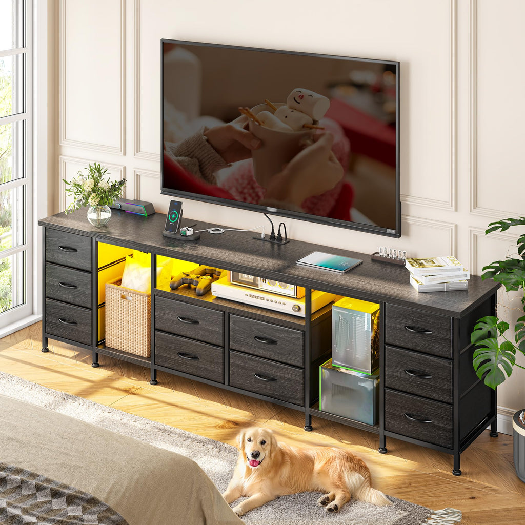 75.5" Long TV Stand with LED, Power Outlets & 10 Drawers G276