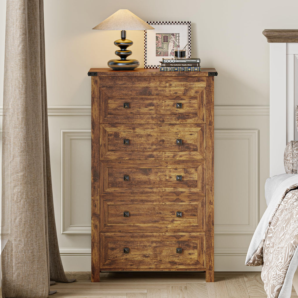 Brown Tall 5 Drawer Wood Dresser with Metal Handles S46934